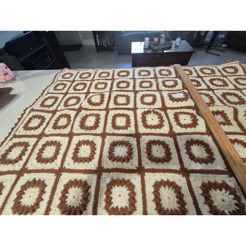 Vintage Handmade Crochet Granny Square Blanket Brown Cream Boho Throw‎ 36x62